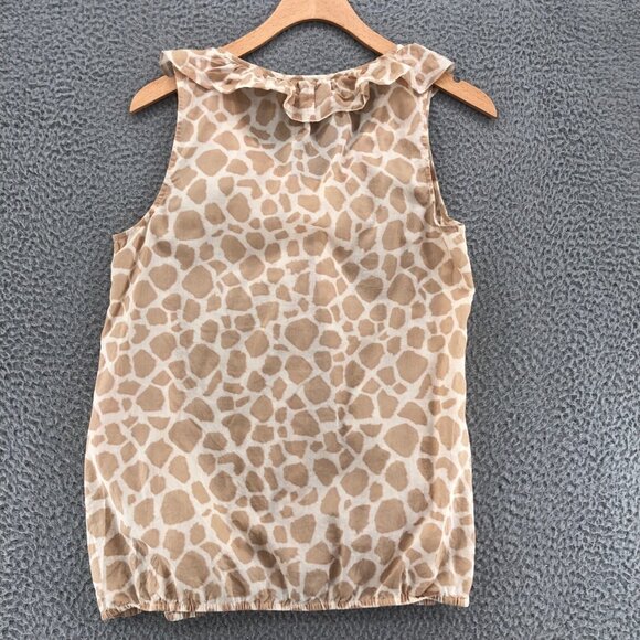 LOFT Top Womens Medium Beige Giraffe Print Ruffle Button Up Sleeveless Blouse - Picture 3 of 9